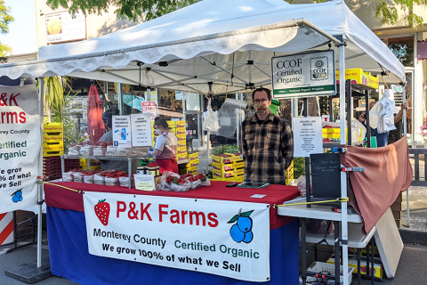 Worker stands behind booth full of berries.