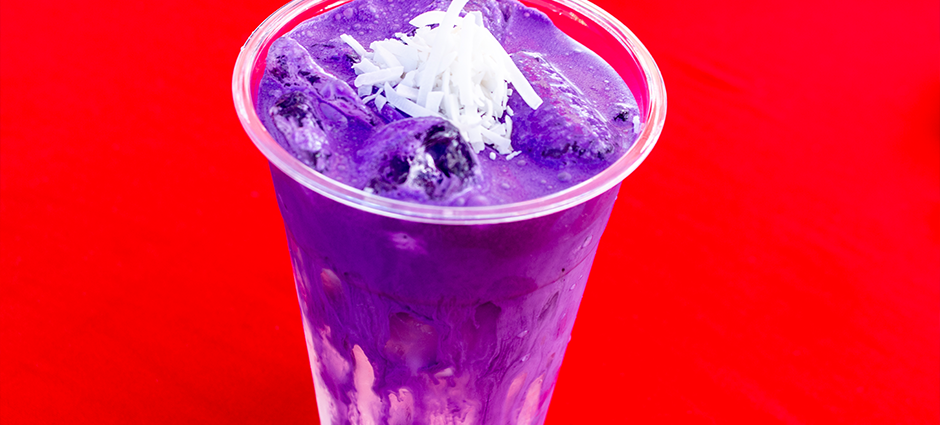 Ube purple drink on a red table at the farmers' market